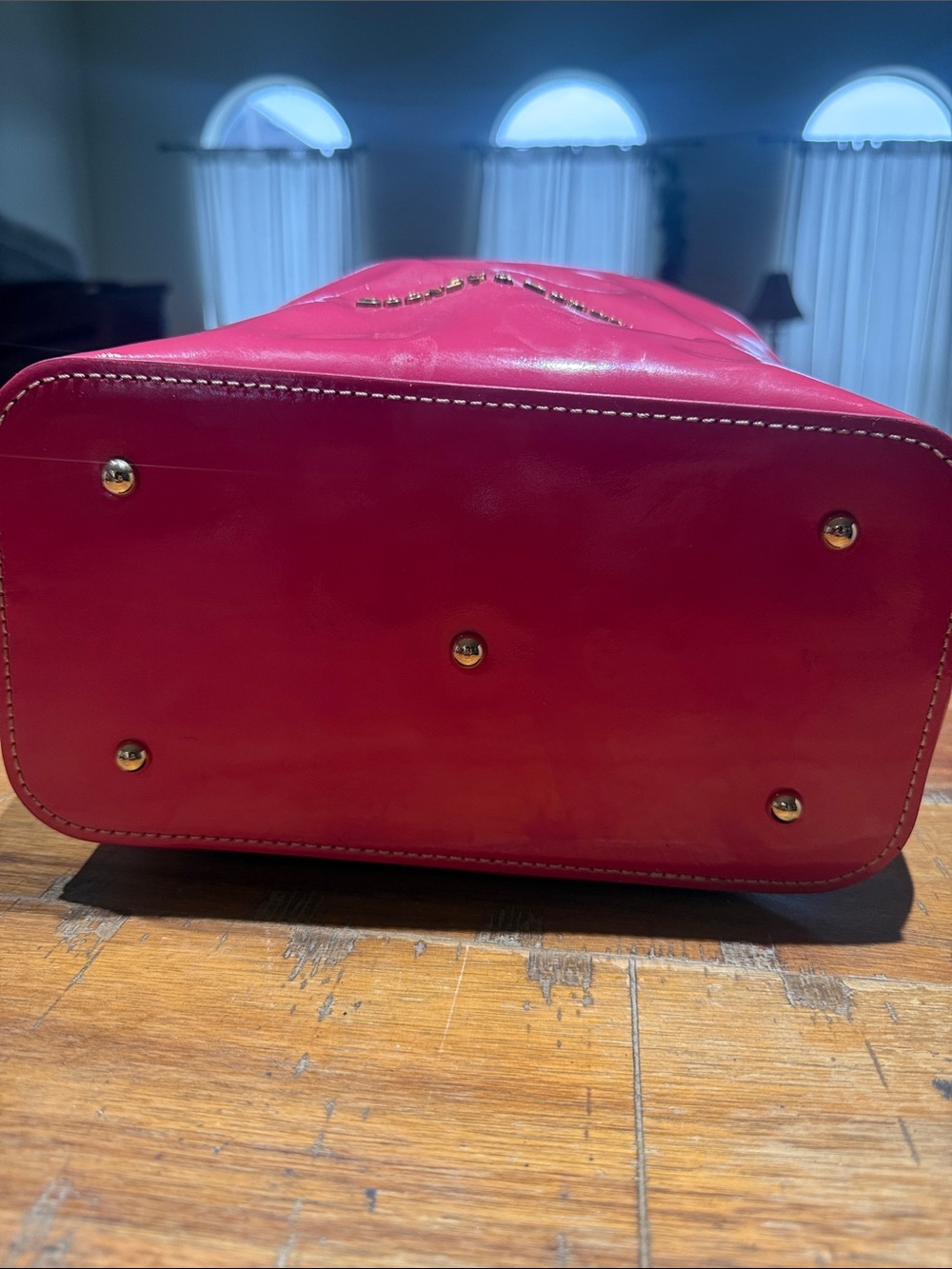 Dooney & Bourke Pink-Red Patent Satchel with Tan Trim - Picture 4 of 10